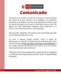 COMUNICADO – RESPECTO A LA DISPONIBILIDAD DE BOLETOS A LA LLAQTA DE MACHUPICCHU