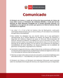 Comunicado acerca de la Red de Caminos Inka