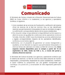 COMUNICADO SOBRE RESERVAS DE LA RED DE CAMINOS INKA