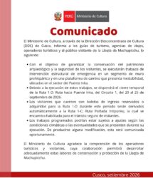 COMUNICADO – Acerca de trabajos de intervención de emergencia en sector Puente Inka